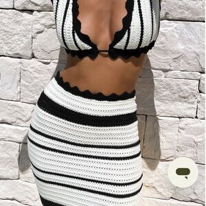 Meshki Black and White Crochet Skirt Set
